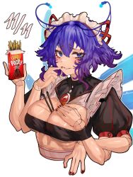 Rule 34 | 1girl, :d, absurdres, antennae, blue eyes, blue hair, blush, breasts, cleavage, food, gradient hair, hand on own chest, highres, large breasts, maid, maid headdress, multicolored hair, open mouth, original, parted lips, pocky, pocky day, short hair, short sleeves, simple background, smile, solo, tomatolover16, upper body, white background