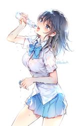 Rule 34 | 1girl, black hair, blue eyes, blush, breasts, long hair, nardack, open mouth, original, ramune, school uniform, see-through, simple background, sketch, skirt, solo, twitter username, wet, wet clothes, white background