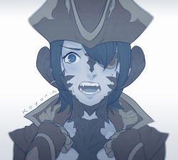 Rule 34 | 1girl, au ra, black hair, blue theme, blurry, close-up, dragon horns, eyepatch, fangs, final fantasy, final fantasy xiv, gloves, hair over one eye, hat, horns, koyorin, monochrome, open mouth, pirate hat, scales, short hair, signature, solo, tears, warrior of light (ff14), white background