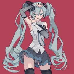 Rule 34 | 1girl, 946083d1, arm up, armpits, bare shoulders, black skirt, black thighhighs, blue eyes, blue hair, blue nails, blue ribbon, blue skirt, blush, detached sleeves, eyelashes, film grain, fingernails, hair between eyes, hatsune miku, hatsune miku (nt), headphones, highres, light blue hair, long eyelashes, long fingernails, long hair, looking at viewer, multicolored clothes, multicolored skirt, nail polish, open mouth, red background, ribbon, see-through, simple background, skindentation, skirt, solo, thighhighs, twintails, twintails day, upper body, very long hair, vocaloid