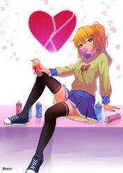 Rule 34 | 1girl, alternate costume, arm support, black thighhighs, blonde hair, blue footwear, blue skirt, broken heart, blowing bubbles, can, chain, chewing gum, commentary, commission, contemporary, green eyes, hair between eyes, hair ornament, hairclip, head tilt, heart, heart background, highres, holding, holding can, hood, hood down, hoodie, leaning back, leg up, long sleeves, looking at viewer, miniskirt, mizuhashi parsee, pleated skirt, ponytail, recare, shoes, short hair, skirt, sneakers, solo, spray paint, thighhighs, touhou, x hair ornament, yellow hoodie
