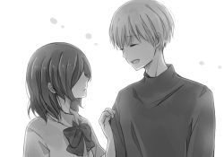 Rule 34 | 1boy, 1girl, :d, bad id, bad pixiv id, bow, bowtie, closed eyes, collared shirt, faceless, facing another, greyscale, hair over one eye, hand up, kaneki ken, kirishima touka, long sleeves, medium hair, monochrome, open mouth, shirt, short hair, short sleeves, simple background, smile, tokyo ghoul, toukaairab, upper body, white background