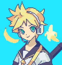 Rule 34 | 1boy, aqua eyes, asymmetrical hair, backpack, bag, banana, black bag, black sailor collar, blonde hair, blue background, chinese commentary, closed mouth, collared shirt, commentary request, food, fruit, headphones, headset, kagamine len, looking at viewer, male focus, necktie, pixel art, sailor collar, sailor shirt, shirt, short hair, simple background, smile, solo, upper body, vocaloid, weapon, weapon on back, white headphones, white shirt, white sleeves, yanmian (printemps-noir), yellow necktie