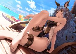 Rule 34 | 10s, 1girl, akita hika, animal ears, aqua hair, bad id, bad twitter id, barefoot, beach, breasts, brown eyes, casual one-piece swimsuit, cloud, day, erune, feet, ferry (granblue fantasy), frilled swimsuit, frills, granblue fantasy, island, looking at viewer, one-piece swimsuit, outdoors, sideboob, sky, solo, swimsuit, thigh strap, toes, water