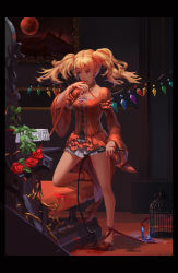 Rule 34 | 1girl, alternate costume, alternate footwear, alternate hairstyle, ankle ribbon, bare legs, birdcage, black border, blonde hair, blood, blood on hands, blood splatter, bloody weapon, blue fire, border, brooch, cage, candle, chair, cross, dress, fang, fang out, fingernails, fire, flandre scarlet, flower, full moon, high heels, highres, indoors, jewelry, laevatein, layered dress, leg ribbon, long sleeves, looking away, microskirt, moon, mouth hold, aged up, painting (object), polskash, red eyes, red flower, red moon, red rose, ribbon, ribbon in mouth, rose, sharp fingernails, short hair, skirt, solo, touhou, twintails, weapon, wings, wrist ribbon