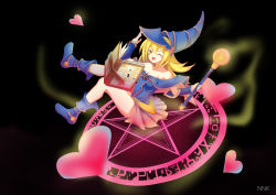 Rule 34 | 1girl, absurdres, armor, blonde hair, blue headwear, blush, book, boots, breasts, choker, dark magician girl, detached sleeves, green eyes, hat, heart, highres, jewelry, looking at viewer, magic staff, medium breasts, necklace, nnk, one eye closed, pendant, pentagram, pleated skirt, skirt, staff, wink, witch hat, yu-gi-oh!, yu-gi-oh! duel monsters