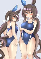 Rule 34 | 1girl, absurdres, admire vega (umamusume), animal ears, blue one-piece swimsuit, breasts, brown hair, competition swimsuit, ear covers, feet out of frame, from behind, grey background, hair between eyes, highres, horse ears, horse girl, horse tail, long hair, looking back, low ponytail, medium breasts, multiple views, one-piece swimsuit, purple eyes, simple background, single ear cover, swimsuit, taiga masato, tail, two-tone swimsuit, umamusume