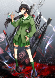 Rule 34 | 10s, 1girl, big.g, black hair, blunt bangs, braid, blowing bubbles, cameo, chewing gum, error musume, girl holding a cat (kancolle), hair over shoulder, highres, kantai collection, kitakami (kancolle), kneehighs, long hair, personification, pleated skirt, red eyes, school uniform, serafuku, single braid, skirt, socks, solo