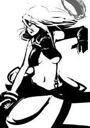 Rule 34 | 10s, 1girl, absurdres, alisa ilinichina amiella, black gloves, blending, breasts, cabbie hat, cleavage, gloves, god eater, god eater burst, greyscale, hair between eyes, hat, hat flying off, high contrast, highres, huge weapon, long hair, monochrome, navel, sate, simple background, sketch, solo, suspenders, underboob, weapon, white background
