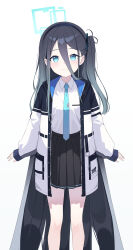 Rule 34 | 1girl, absurdres, aris (blue archive), black hair, black skirt, blue archive, blue eyes, blue necktie, closed mouth, collared shirt, commentary, h9 99999, halo, highres, jacket, light blush, long hair, long sleeves, looking at viewer, necktie, pleated skirt, shirt, side ponytail, simple background, skirt, smile, solo, white background, white shirt