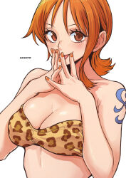 Rule 34 | 1girl, alternate costume, animal print, aosora2823, artist name, breasts, brown eyes, closed mouth, female focus, highres, leopard print, looking at viewer, matching hair/eyes, nami (one piece), official alternate hair length, official alternate hairstyle, one piece, orange eyes, orange hair, orange nails, orange theme, portrait, short hair, simple background, smile, solo, tagme, tareme, tongue, tongue out, white background