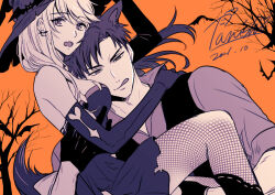 1boy 1girl animal_ears bare_tree bat_(animal) carrying child_carry commentary_request dress elbow_gloves fishnet_pantyhose fishnets fujihashi_ryou gloves halloween hetero kemonomimi_mode licking_lips looking_at_viewer mizuno_souma orange_background pantyhose shirt short_dress short_hair tail tarou_(you-0512) tongue tongue_out tree very_short_hair vest witch wolf_boy wolf_ears wolf_tail yubisaki_kara_no_honki_no_netsujou