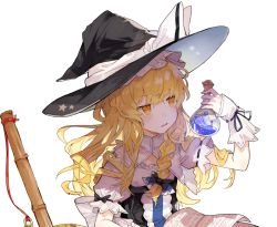 Rule 34 | 1girl, bad id, bad twitter id, black bow, black hat, black ribbon, blonde hair, blush, bow, braid, commentary request, hair bow, hat, hat bow, holding, kirisame marisa, long hair, nuudoru, open mouth, puffy short sleeves, puffy sleeves, ribbon, short sleeves, simple background, single braid, solo, star (symbol), star print, touhou, upper body, white background, white bow, witch hat, wrist cuffs, yellow eyes