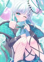 Rule 34 | 1girl, black coat, blush, coat, earrings, fishnet thighhighs, fishnets, green eyes, green hair, halo, highres, holding, in-ear earphones, jewelry, long sleeves, looking at viewer, mikaze oto, mole, mole under eye, one eye closed, open clothes, open coat, original, single thighhigh, sitting, solo, thighhighs, thighs, virtual youtuber, white hair
