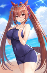 Rule 34 | 1girl, animal ears, bare shoulders, blue one-piece swimsuit, blush, breasts, brown hair, cleavage, collarbone, daiwa scarlet (umamusume), hair intakes, harimoji, highres, horse ears, horse girl, large breasts, long hair, looking at viewer, one-piece swimsuit, open mouth, red eyes, solo, swimsuit, thighs, tiara, twintails, umamusume, very long hair