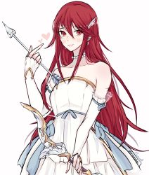 Rule 34 | 1girl, alternate costume, arrow (projectile), bare shoulders, blush stickers, bow (weapon), breasts, bridal gauntlets, cordelia (bridal) (fire emblem), cordelia (fire emblem), dress, earrings, fire emblem, fire emblem awakening, fire emblem heroes, hair between eyes, heart, highres, jewelry, long hair, looking at viewer, nana (mizukas), necklace, nintendo, pearl necklace, red eyes, red hair, signature, simple background, small breasts, smile, solo, twitter username, upper body, weapon, wedding dress, white background, winged hair ornament