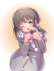 Rule 34 | 1girl, 702 (naotsu), absurdres, blush, brown eyes, brown hair, candy, chocolate, chocolate heart, coat, food, grey coat, heart, highres, kantai collection, long sleeves, mittens, official alternate costume, one eye closed, open mouth, pink mittens, pom pom (clothes), scarf, short hair with long locks, sidelocks, smile, solo, ukuru (kancolle), upper body