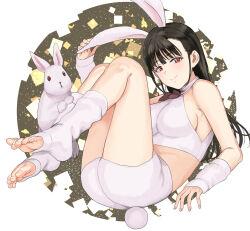 Rule 34 | 1girl, animal ears, arm warmers, black hair, breasts, commentary request, crop top, extra ears, feet, highres, leg warmers, legs, legs up, long hair, looking at viewer, medium breasts, midriff, off shoulder, original, rabbit, rabbit ears, rabbit tail, red eyes, shorts, sideboob, sleeveless turtleneck crop top, smile, solo, tail, toeless legwear, toes, tsurui, white background, white shorts
