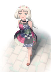 1girl arms_behind_back chinese_commentary commentary_request dress from_above full_body grey_eyes grey_hair head_wreath highres looking_at_viewer lulala615 maria_(metaphor:_refantazio) metaphor:_refantazio multicolored_dress open_mouth short_hair smile solo standing walking wings