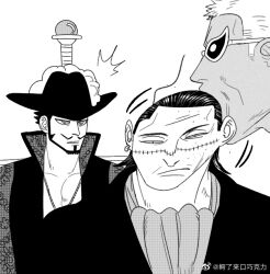 Rule 34 | 3boys, :/, beard, black hair, blonde hair, cartoonized, crocodile (one piece), donquixote doflamingo, dracule mihawk, facial hair, from side, greyscale, hair slicked back, jitome, looking at another, male focus, mature male, mg cls, monochrome, motion lines, multiple boys, mustache, notice lines, one piece, parody request, scar, scar on face, scar on nose, short hair, stitches, sucking face, sunglasses, toon (style), upper body, wrinkled skin, yaoi