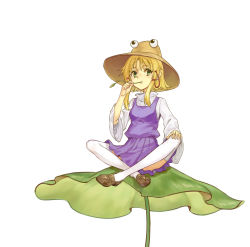 Rule 34 | 1girl, blonde hair, brown footwear, eyeball, female focus, full body, green eyes, hair ribbon, hand on own knee, hat, highres, indian style, landuo niangao, leaf, lily pad, moriya suwako, mouth hold, red ribbon, ribbon, shoes, simple background, sitting, solo, thighhighs, touhou, tress ribbon, white background, white thighhighs, wide sleeves
