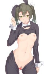 Rule 34 | 1girl, animal ears, blush, bottomless, breasts, censored, cleft of venus, collar, fake animal ears, female pubic hair, highres, kantai collection, leotard, long hair, long sleeves, looking at viewer, meme attire, navel, nipples, playboy bunny, pointless censoring, pubic hair, rabbit ears, revealing clothes, reverse bunnysuit, reverse outfit, simple background, small breasts, solo, takaman (gaffe), torso, transparent censoring, twintails, white background, wrist cuffs, yellow eyes, zuikaku (kancolle)