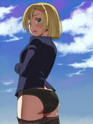 Rule 34 | 10s, 1girl, ass, awa, black panties, blonde hair, blush, clothes pull, formal, green eyes, hair ornament, hairclip, jamie hazaford, legs, looking back, office lady, open mouth, panties, pantyhose, shirogane no ishi argevollen, short hair, shorts, shorts pull, suit, thighs, underwear