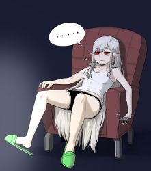 Rule 34 | ..., 1girl, absurdres, black shorts, borrowed character, breasts, camisole, chair, cleavage, commentary request, earrings, full body, green footwear, highres, holding, jewelry, long hair, medium breasts, original, parted lips, pointy ears, red eyes, rusellunt, shorts, sitting, slippers, smile, solo, spoken ellipsis, vampire (gogalking), very long hair, white camisole, white hair