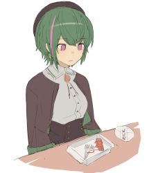 Rule 34 | 1girl, ajiitou, beret, breasts, buttons, disappointed, food, fork, green hair, hat, highres, indie virtual youtuber, ketchup, long sleeves, multicolored hair, office lady, purple eyes, rice, sausage, short hair, solo, streaked hair, table, terumi koizumi, virtual youtuber, white background