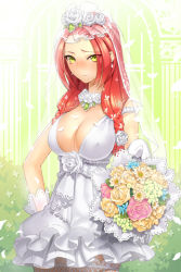 Rule 34 | 1girl, blush, bouquet, braid, breasts, bridal veil, choker, cleavage, daisy, dress, earrings, flower, frills, gathers, gloves, jaina preventer, jewelry, jeyina, lace, large breasts, long hair, lowres, necklace, red hair, rose, solo, sword girls, thighhighs, twin braids, veil, wedding dress, yellow eyes