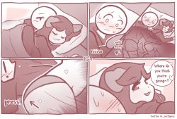 Rule 34 | 1boy, 1girl, 4koma, :3, animal ears, assertive female, bald male, bed, bulge, buttjob, buttjob over clothes, comic, cuddling, dog ears, dog girl, english text, erection, erection under blanket, erection under clothes, highres, hood, hoodie, hug, hug from behind, justspicy, lying, monochrome, on bed, on side, panties, pillow, shorts, sleeping, spooning, underwear
