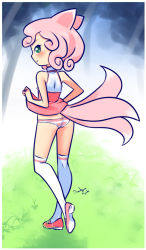 Rule 34 | 1girl, animal ears, ass, blush, clothes lift, drantyno, dress, dress lift, forest, fox ears, fox girl, fox tail, from behind, grass, green eyes, highres, looking at viewer, looking back, multiple tails, nature, panties, pink dress, pink footwear, pink hair, pink panties, shoes, short hair, sky, sleeveless, sleeveless dress, smile, standing, striped clothes, striped panties, tail, thighhighs, tree, underwear, white dress, white panties, white thighhighs
