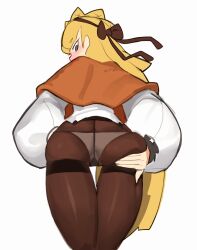 Rule 34 | 1girl, ass, ass focus, blonde hair, bow, brown bow, brown capelet, brown pantyhose, capelet, gya rb, highres, lobotomy corporation, long hair, panties, panties under pantyhose, pantyhose, project moon, shirt, simple background, tiphereth a (project moon), underwear, very long hair, white background, white panties, white shirt