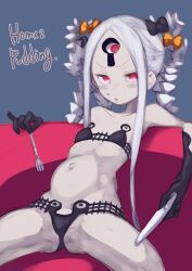 Rule 34 | 1girl, abigail williams (fate), abigail williams (swimsuit foreigner) (fate), abigail williams (swimsuit foreigner) (first ascension) (fate), bare shoulders, bikini, black bikini, black bow, bloated, bow, breasts, collarbone, colored skin, double bun, fate/grand order, fate (series), food, food on face, forehead, fork, full stomach, hair bow, hair bun, highres, keyhole, knife, leaning back, long hair, looking at viewer, navel, open mouth, orange bow, parted bangs, polka dot, polka dot bow, puddinghomhom, red eyes, sidelocks, sitting, small breasts, solo, spread legs, swimsuit, thighs, third eye, twintails, very long hair, white hair, white skin