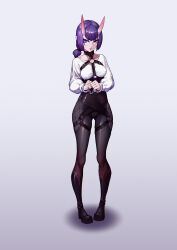 Rule 34 | 1girl, alternate costume, cuffs, fate/grand order, fate (series), fengcun tmy, fishnet pantyhose, fishnets, handcuffs, highres, horns, looking at viewer, oni, pantyhose, purple eyes, purple hair, short hair, shuten douji (fate), skin-covered horns, solo