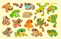 Rule 34 | animal, animal focus, artist name, brown eyes, closed mouth, commentary, english commentary, closed eyes, frog, from side, no humans, orange eyes, original, pikaole, red-eyed tree frog, red eyes, simple background, sitting, smile, tadpole, watermark, yellow background, yellow eyes