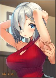 Rule 34 | 10s, 1girl, alternate costume, armpits, arms up, blue eyes, blush, breasts, cleavage, cleavage cutout, clothing cutout, eyes visible through hair, hair ornament, hair over one eye, hairclip, hamakaze (kancolle), kantai collection, large breasts, looking at viewer, pokachu, ribbed sweater, short hair, silver hair, solo focus, spread armpit, sweater