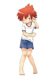 Rule 34 | 1boy, blue shorts, child, full body, highres, male focus, one eye closed, open mouth, original, pocchipocchi, red hair, shorts, simple background, solo, wet, wet clothes, white background