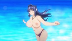 Rule 34 | 1girl, animated, animated gif, barefoot, bikini, bikini bottom only, blush, bouncing breasts, breasts, hair intakes, huge breasts, jewelry, large breasts, looking at viewer, maken-ki!, navel, necklace, nijou aki, nipples, o-ring, o-ring bottom, ocean, open mouth, outdoors, purple eyes, running, solo, swimsuit, takami akio, topfreedom, topless