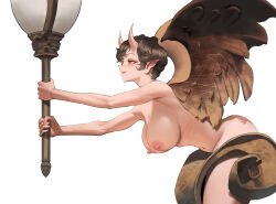 Rule 34 | 1girl, absurdres, ass, bird wings, breasts, brown eyes, brown hair, brown wings, commentary, completely nude, curly hair, english commentary, highres, holding lamp, horns, large breasts, leaning forward, looking to the side, navel, nipples, nude, original, pointy ears, short hair, simple background, smile, solo, white background, wings, wonbin lee