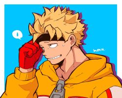 Rule 34 | 1boy, blonde hair, blue background, boku no hero academia, border, brown eyes, commentary, eye mask, fat gum (boku no hero academia), gloves, highres, hood, hood down, hooded jacket, jacket, long sleeves, male focus, monu, outside border, red gloves, short hair, signature, simple background, smile, solo, spoken sweatdrop, sweatdrop, symbol-only commentary, upper body, white border, yellow jacket, zipper pull tab