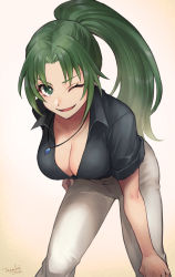 Rule 34 | 1girl, ;d, beige background, bent over, black shirt, breasts, cleavage, collared shirt, commentary, cowboy shot, downblouse, green eyes, green hair, hand on own hip, hand on own knee, highres, higurashi no naku koro ni, jewelry, large breasts, long hair, looking at viewer, one eye closed, open mouth, pants, parted bangs, parted lips, pendant, ponytail, shirt, short sleeves, signature, smile, solo, sonozaki mion, standing, tarako jun, v-neck, v-shaped eyebrows, white pants