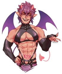 Rule 34 | 1boy, abs, dark-skinned male, dark skin, demon boy, demon horns, demon tail, demon wings, fangs, fingerless gloves, gloves, heart, highres, horns, looking at viewer, morvay (nu carnival), muscular, muscular male, nail polish, nu carnival, pointy ears, pubic tattoo, revealing clothes, shweenus, smirk, tail, tattoo, tongue, tongue out, white background, wings