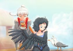 Rule 34 | 2girls, bare shoulders, bird, black eyes, black feathers, black hair, black wings, blue eyes, claws, corn dog, crow girl, crowanon, crowgirl, drawfag, feathered wings, feathers, food, food theft, french fries, frown, glaring, grey feathers, grin, harpy, messy hair, monster girl, multiple girls, ocean, original, ponytail, poorly drawn, seagull, seagull girl, smile, smug, swimsuit, theft, white hair, winged arms, wings