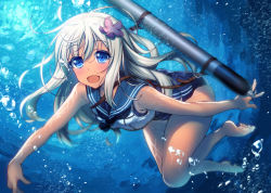 Rule 34 | 10s, 1girl, air bubble, bare legs, bare shoulders, barefoot, blonde hair, blue eyes, blush, bubble, crop top, floating hair, flower, hair flower, hair ornament, kantai collection, long hair, one-piece swimsuit, one-piece tan, open mouth, raiou, ro-500 (kancolle), sailor collar, school swimsuit, smile, solo, swimming, swimsuit, swimsuit under clothes, tan, tanline, torpedo, underwater, water