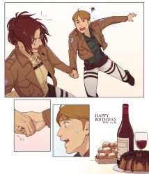 Rule 34 | 1girl, 1other, bottle, brown eyes, brown hair, brown jacket, comic, commentary, cup, drinking glass, glasses, hange zoe, hanpetos, happy birthday, holding hands, jacket, moblit berner, open mouth, ponytail, shingeki no kyojin, smile, squiggle, sweatdrop, wine bottle, wine glass