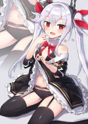 Rule 34 | 1girl, azur lane, bad id, bad nicoseiga id, bikini, bikini top only, black bikini, black bra, black dress, black panties, black thighhighs, blush, bra, breasts, clothes lift, commentary request, detached collar, dress, front-tie bikini top, front-tie top, garter belt, hair between eyes, hair ribbon, highres, lifted by self, looking at viewer, navel, nonon (xenonbot), panties, red ribbon, ribbon, silver hair, sitting, skirt, skirt lift, small breasts, solo, stomach, swimsuit, thighhighs, twintails, underwear, vampire (azur lane)
