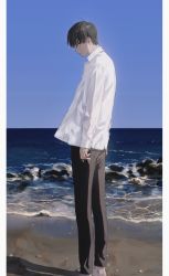 Rule 34 | 1boy, absurdres, barefoot, beach, black eyes, black hair, black pants, blue sky, collared shirt, from side, highres, hirota tsuu, horizon, long sleeves, looking at viewer, looking to the side, male focus, ocean, original, outdoors, pants, parted lips, profile, sand, shirt, sky, solo, standing, usuzumi kei, white shirt, wing collar