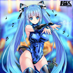 Rule 34 | 1girl, agrs, beamed quavers, blue eyes, blue hair, breasts, detached sleeves, hair ornament, hotori (sion), large breasts, leotard, long hair, musical note, outstretched arms, quaver, sharp sign, solo, tail, thighhighs, thighs, tomokazu sugita no anigera deduuun, twintails, very long hair