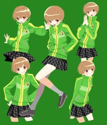 Rule 34 | 1girl, arms behind back, blush, brown eyes, brown hair, closed mouth, commentary, cowboy shot, cropped legs, english commentary, full body, green background, green jacket, grey footwear, hands in pockets, hands on own hips, high collar, highres, jacket, kneehighs, long sleeves, looking at viewer, melkymelkii, miniskirt, multiple views, open mouth, own hands together, parted lips, persona, persona 4, pleated skirt, satonaka chie, school uniform, short hair, skirt, smile, socks, track jacket, white socks, yasogami school uniform, zipper, zipper pull tab